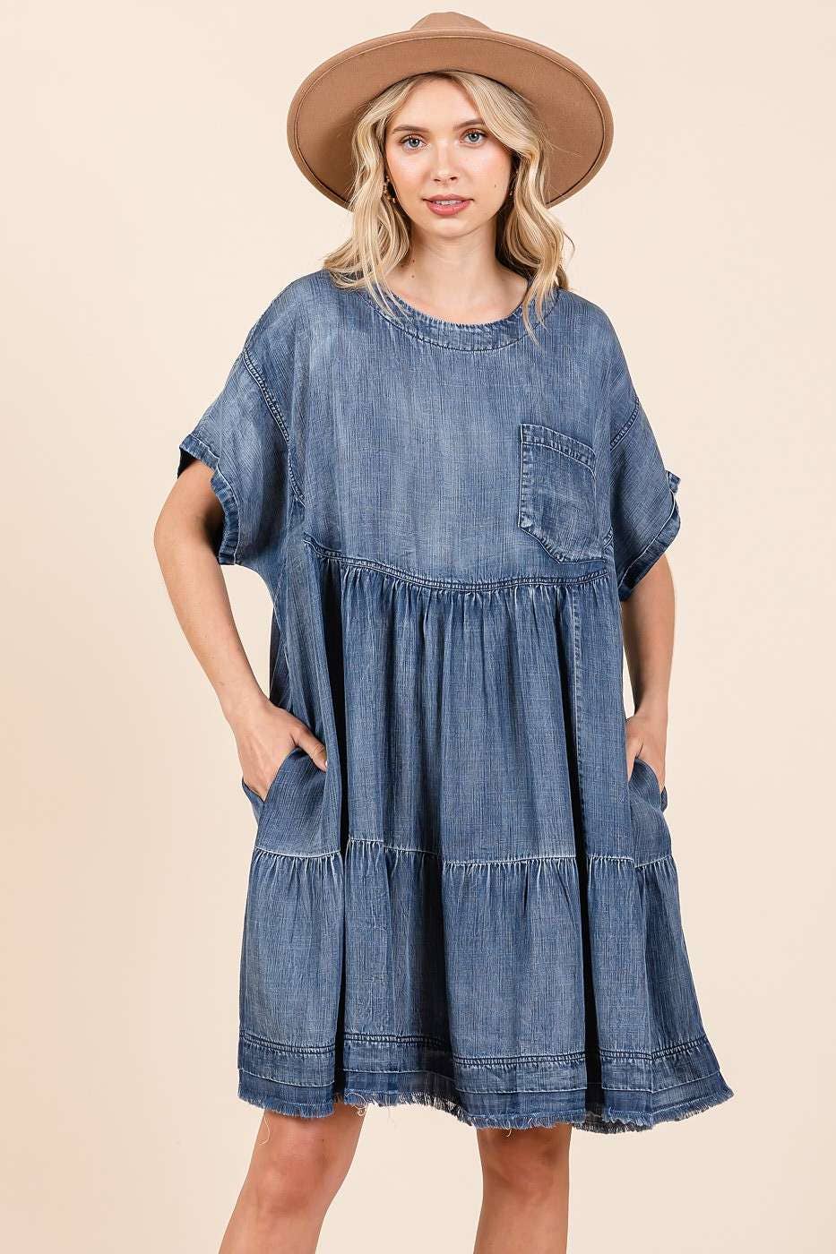 WASHED CHAMBRAY DENIM OVERSIZED TIER MINI DRESS