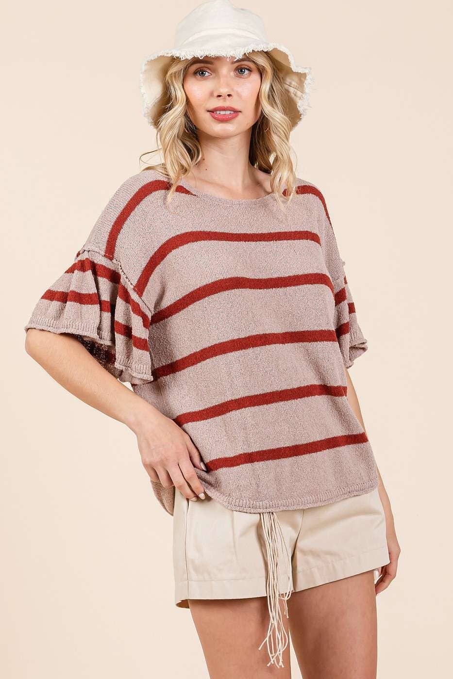 STRIPED RUFFLE SHORT SLEEVE SWEATER KNIT TOP