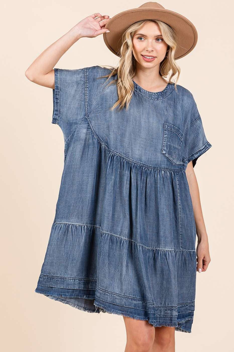 WASHED CHAMBRAY DENIM OVERSIZED TIER MINI DRESS