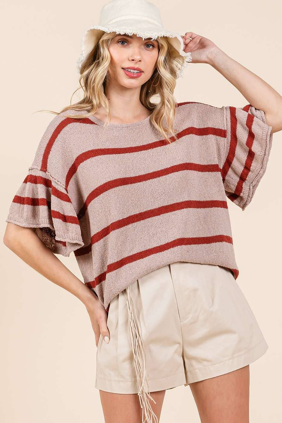 STRIPED RUFFLE SHORT SLEEVE SWEATER KNIT TOP