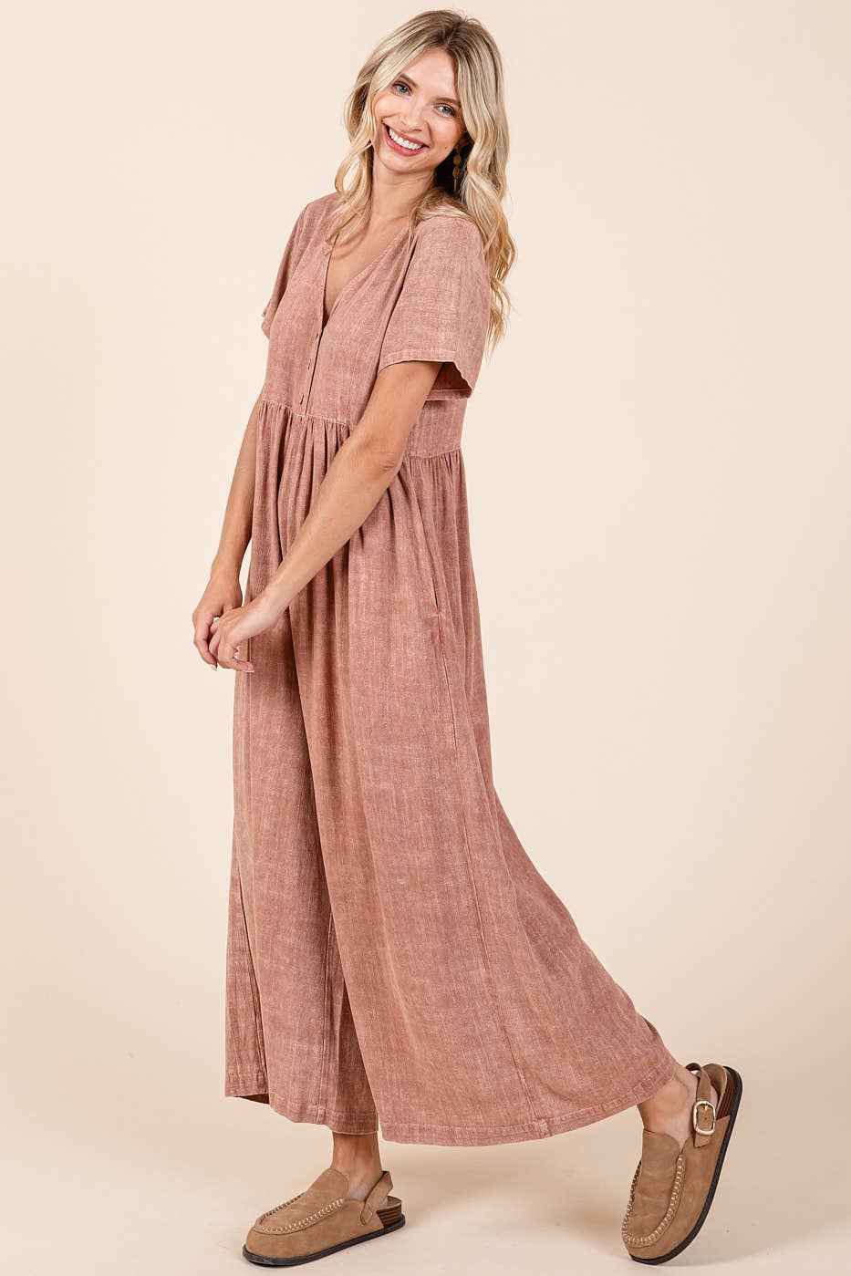 MINERAL WASH SHORT SLEEVE FLOWY WIDE LEG JUMPSUIT