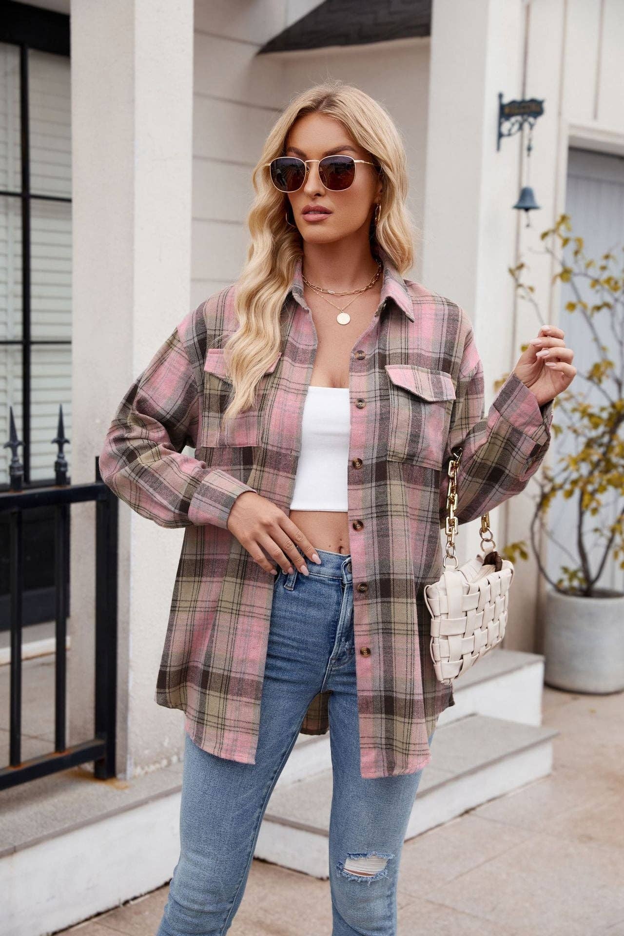 Women's  New Casual Fashion Loose Plaid Pocket Shirt