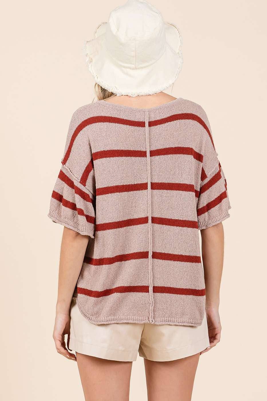 STRIPED RUFFLE SHORT SLEEVE SWEATER KNIT TOP