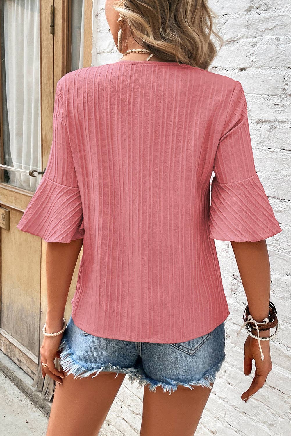 Ruffled Half Sleeve V Neck Textured Top