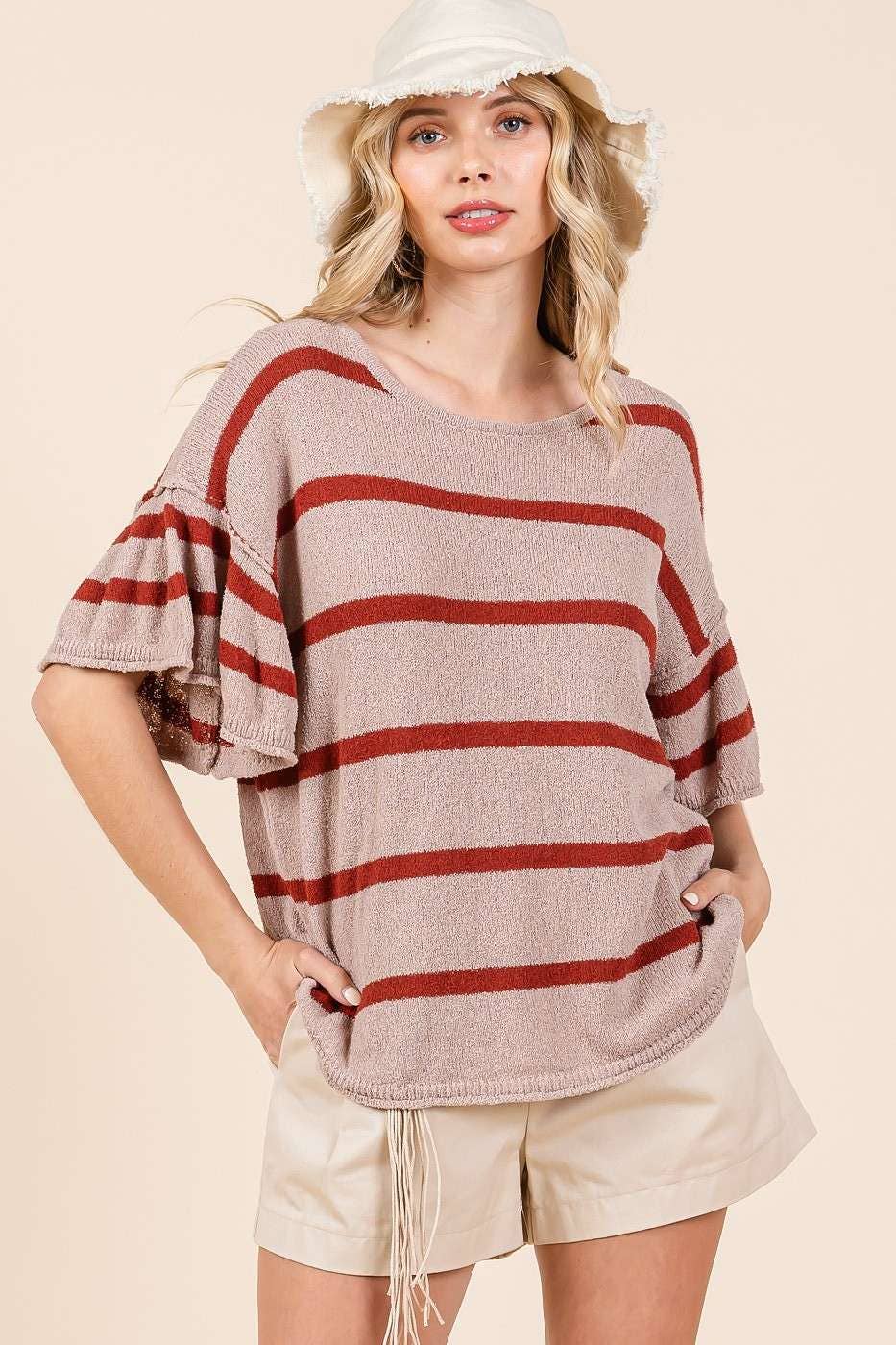 STRIPED RUFFLE SHORT SLEEVE SWEATER KNIT TOP