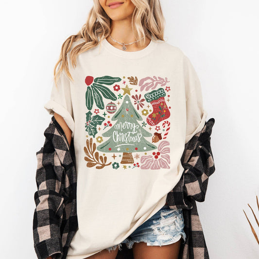 Merry Christmas, Green Floral, Flowers, Xmas Tshirt