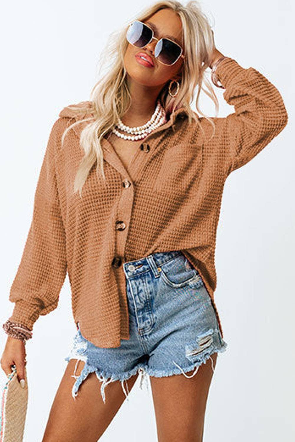 Waffle Knit Button Up Casual Shirt