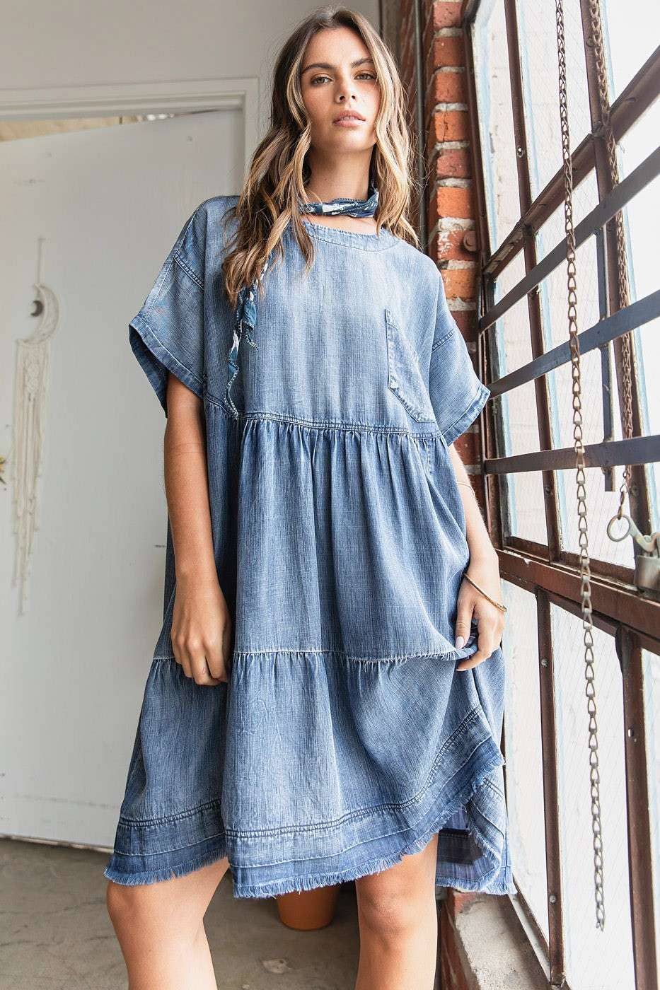 WASHED CHAMBRAY DENIM OVERSIZED TIER MINI DRESS