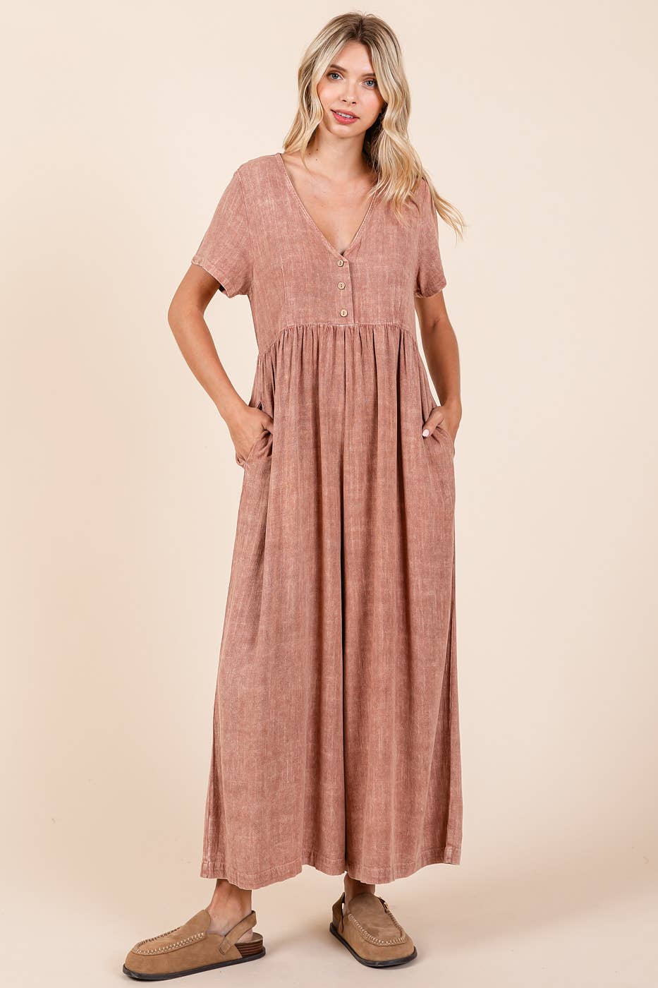 MINERAL WASH SHORT SLEEVE FLOWY WIDE LEG JUMPSUIT