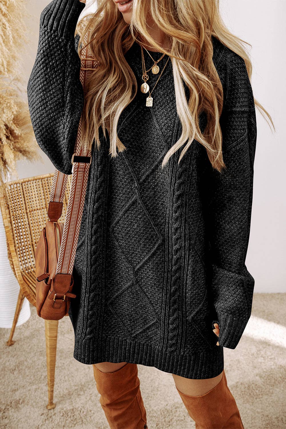 Parchment Cable Knit Drop Shoulder Loose Fit Sweater Dress