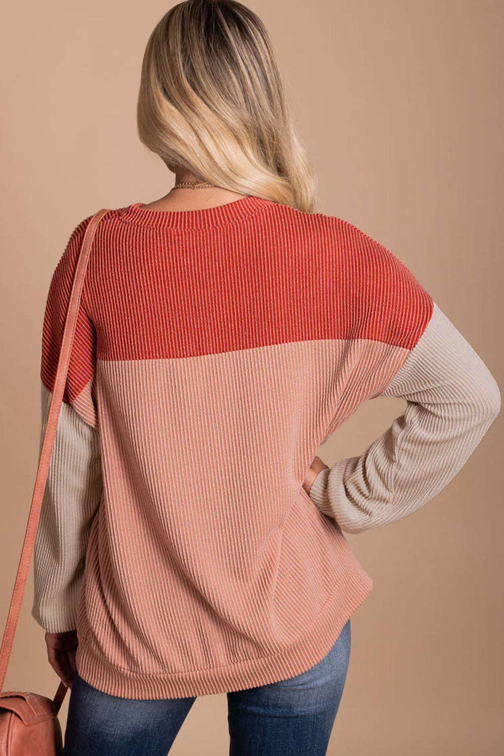 Rachel Block Long Sleeve Ribbed Loose Top