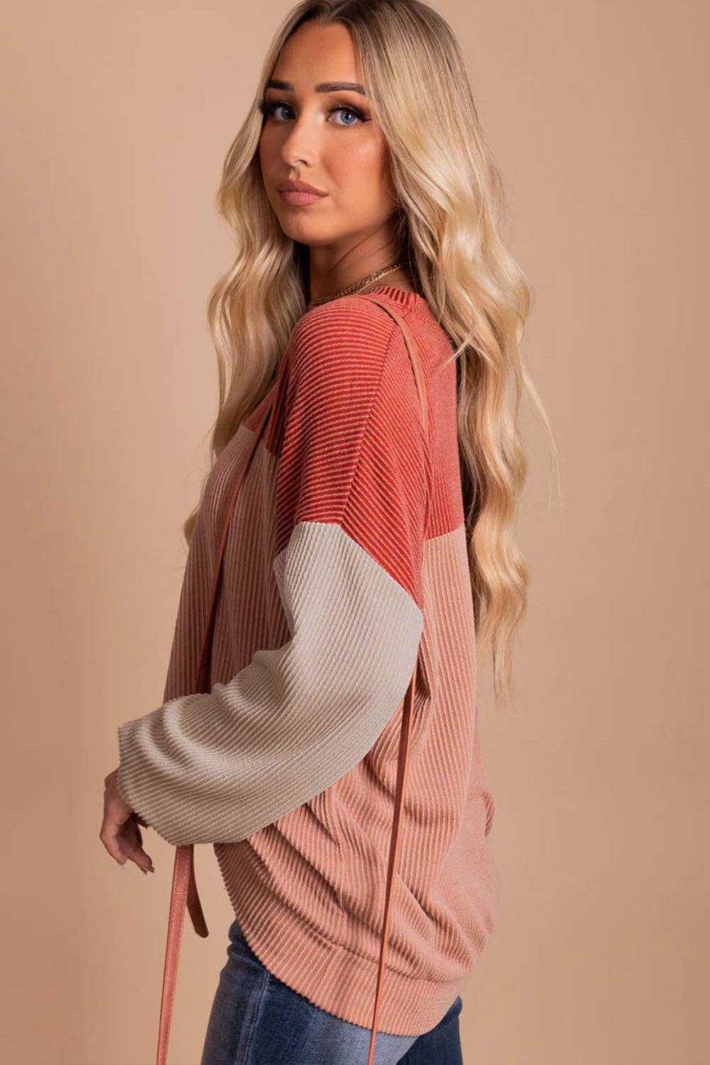 Rachel Block Long Sleeve Ribbed Loose Top