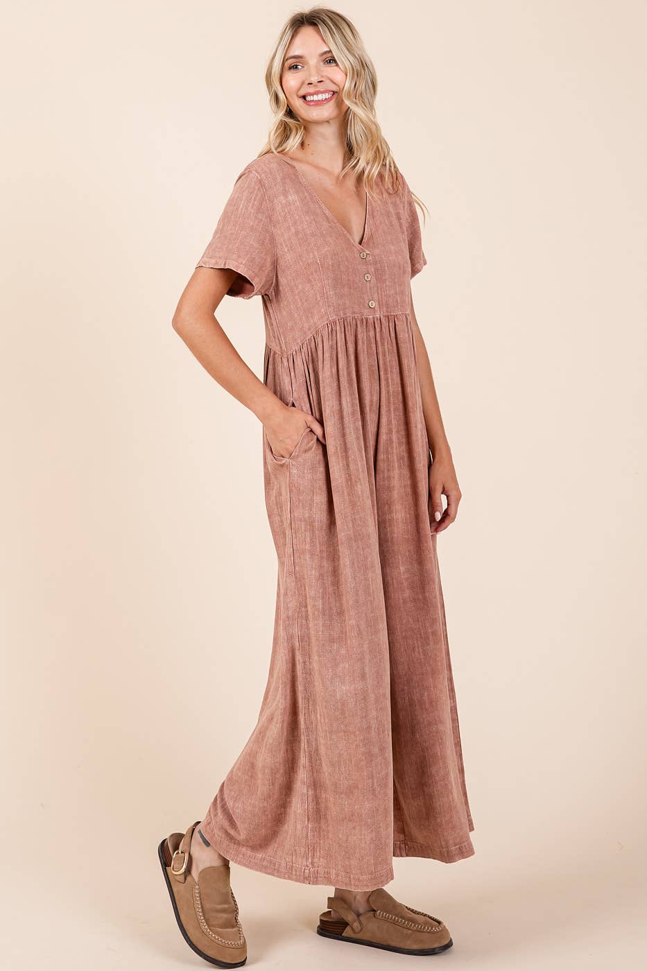 MINERAL WASH SHORT SLEEVE FLOWY WIDE LEG JUMPSUIT