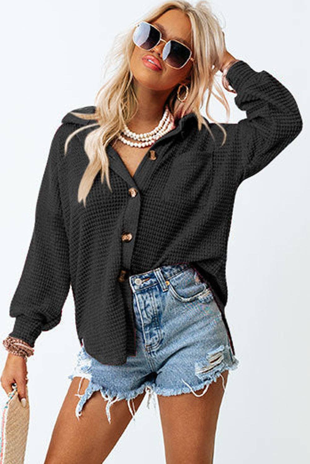 Waffle Knit Button Up Casual Shirt