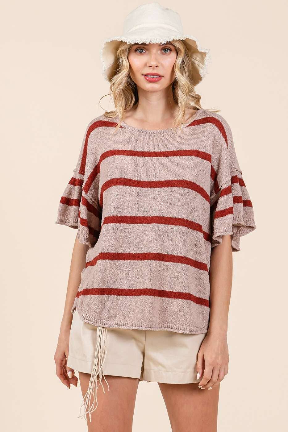 STRIPED RUFFLE SHORT SLEEVE SWEATER KNIT TOP