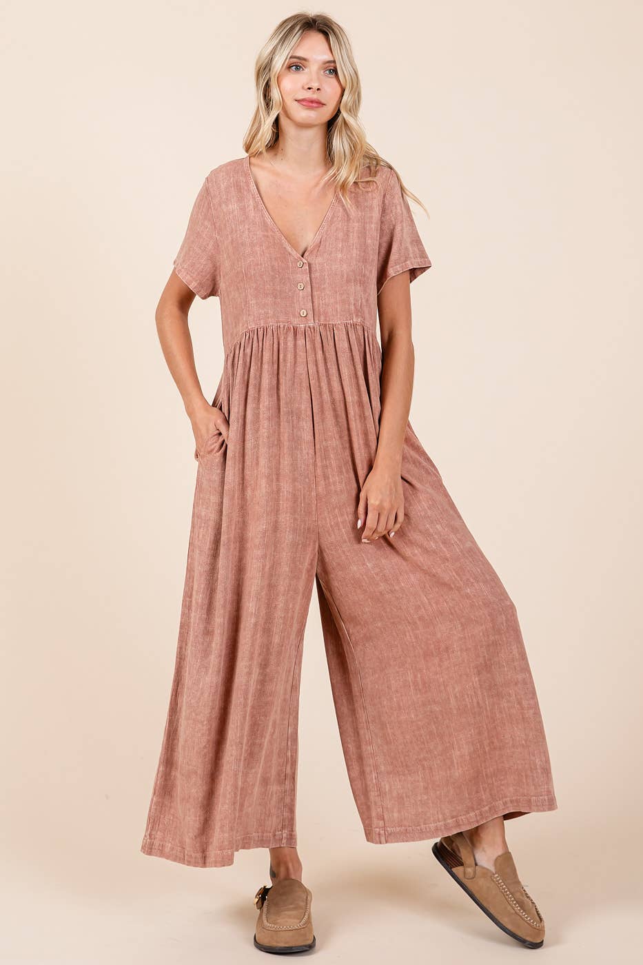 MINERAL WASH SHORT SLEEVE FLOWY WIDE LEG JUMPSUIT