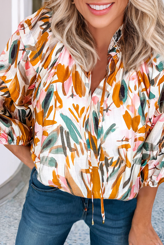 Abstract Print Drawstring Frilled V Neck Blouse