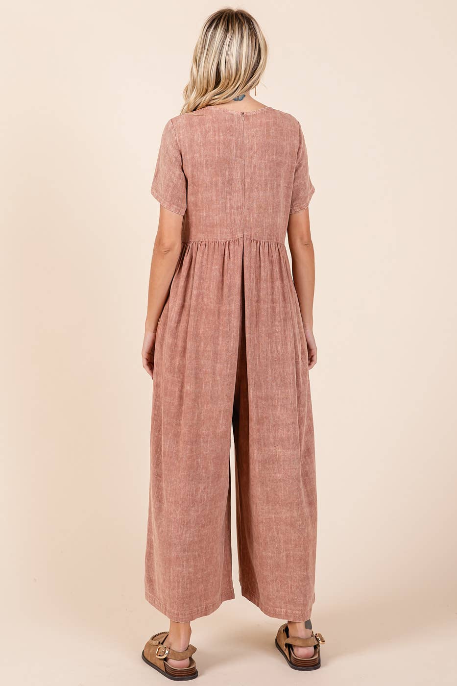 MINERAL WASH SHORT SLEEVE FLOWY WIDE LEG JUMPSUIT