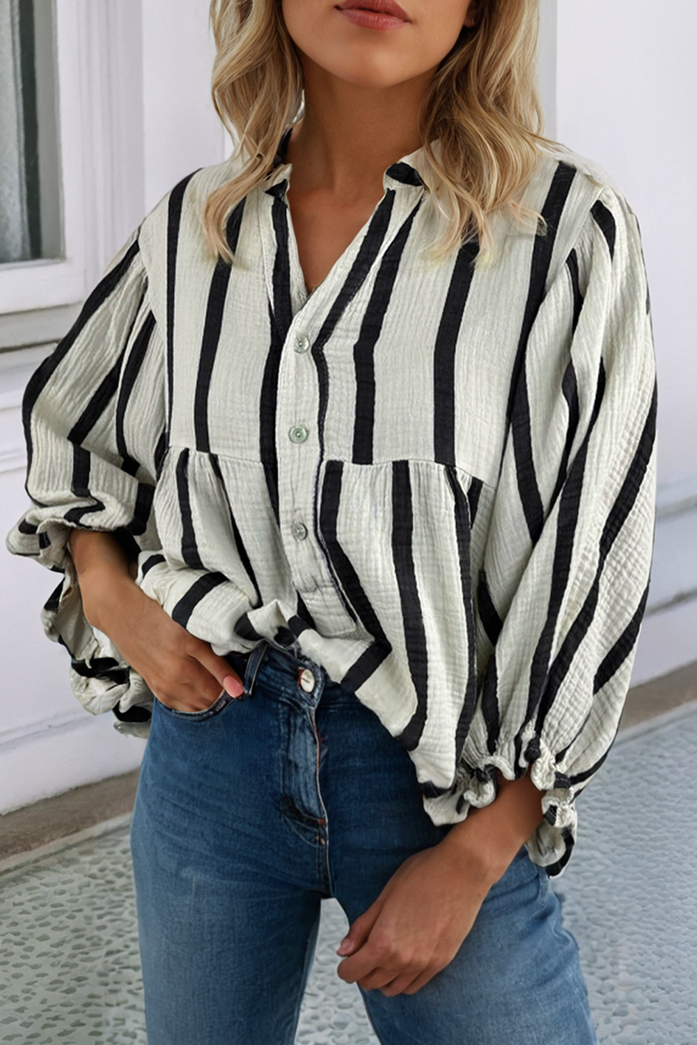 LDC Stripe Textured Ruffled Sleeve Button up Loose Shirt