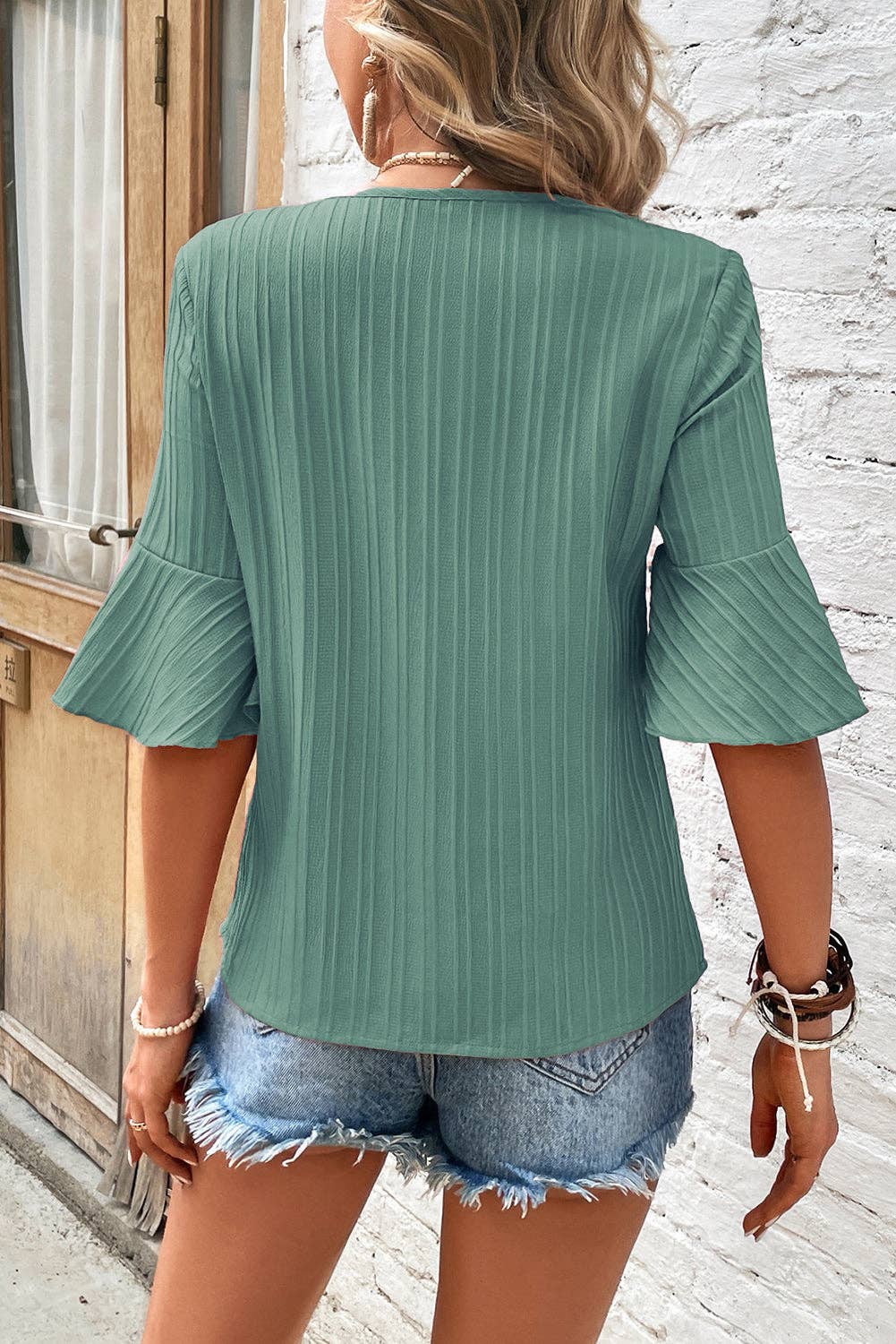 Ruffled Half Sleeve V Neck Textured Top