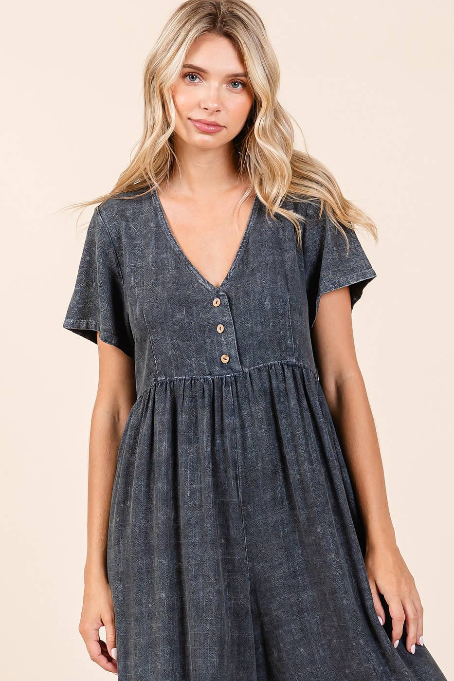 MINERAL WASH SHORT SLEEVE FLOWY WIDE LEG JUMPSUIT