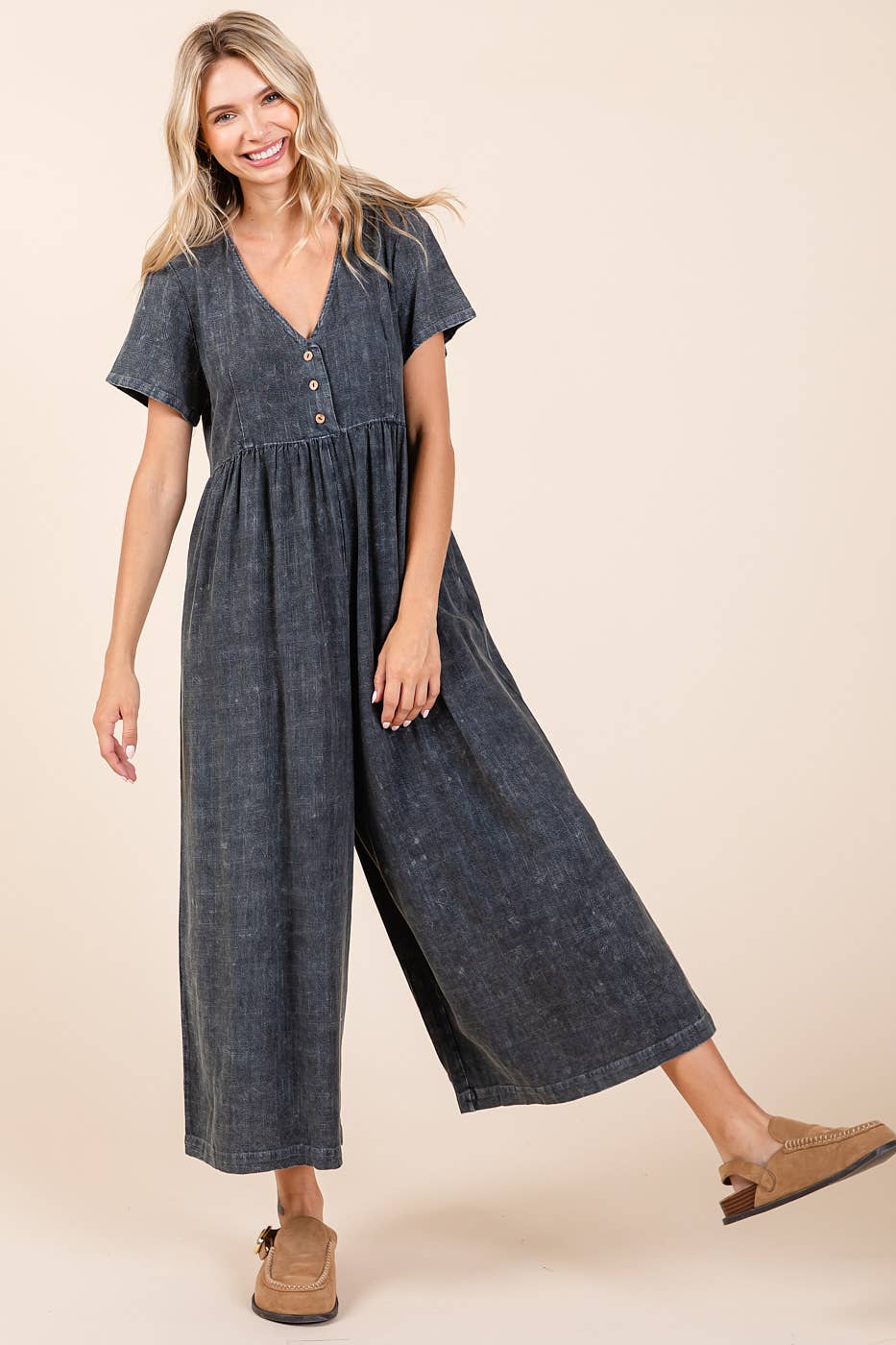 MINERAL WASH SHORT SLEEVE FLOWY WIDE LEG JUMPSUIT