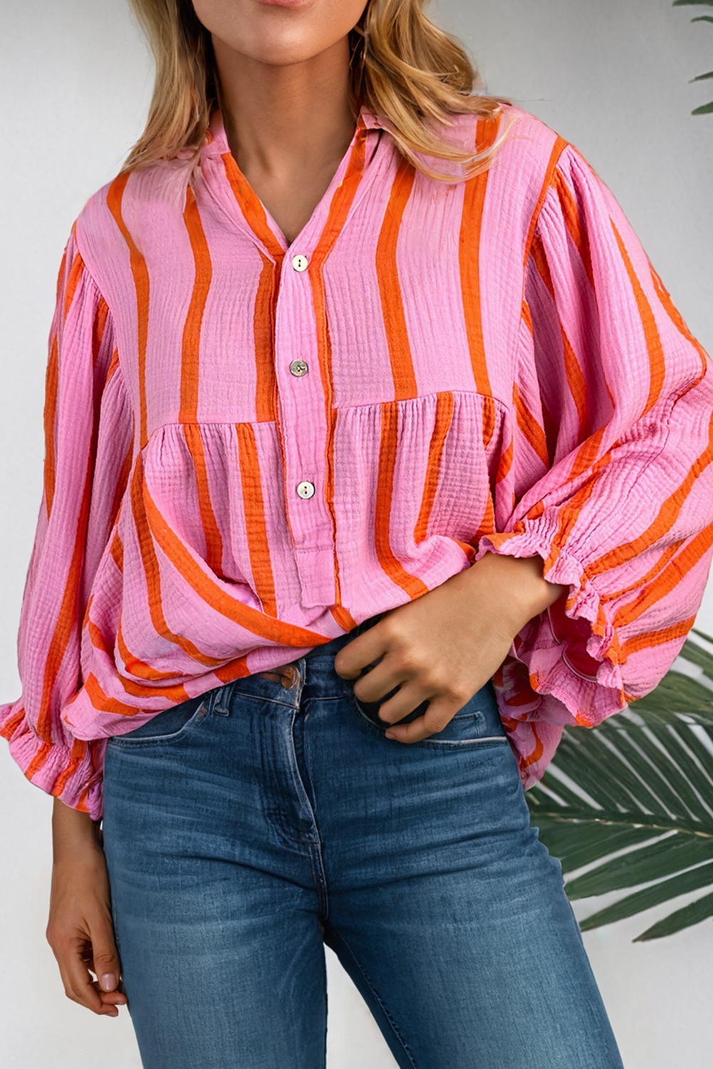 LDC Stripe Textured Ruffled Sleeve Button up Loose Shirt