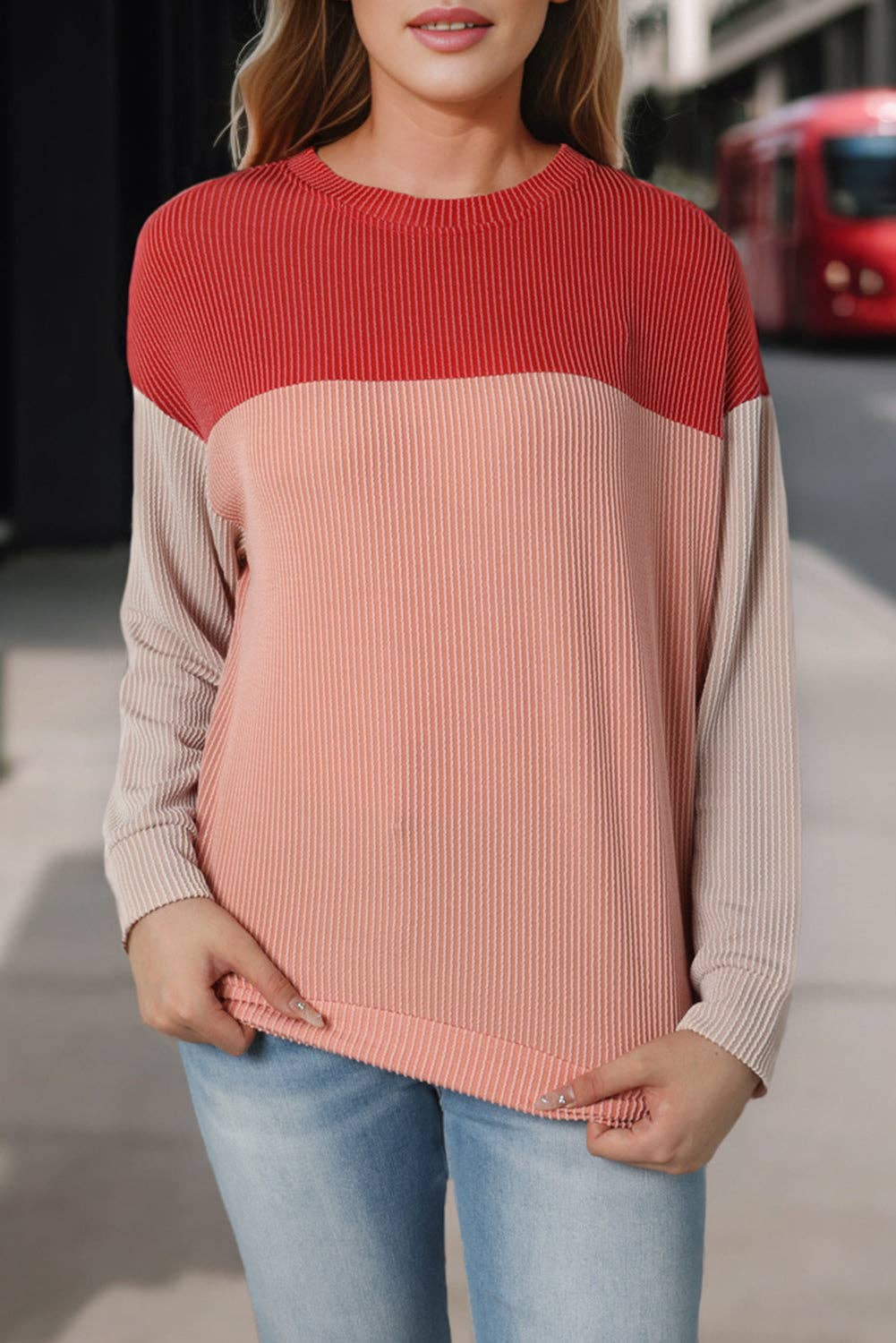 Rachel Block Long Sleeve Ribbed Loose Top