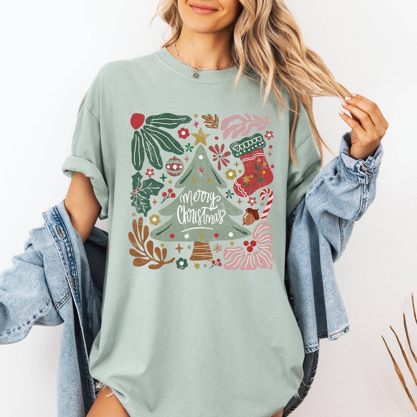 Merry Christmas, Green Floral, Flowers, Xmas Tshirt